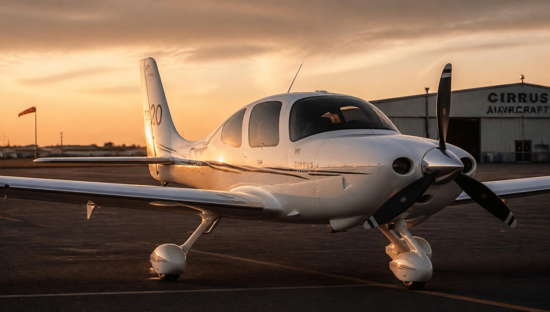 Cirrus SR20 on the ramp at Denton Enterprise Airport at golden hour